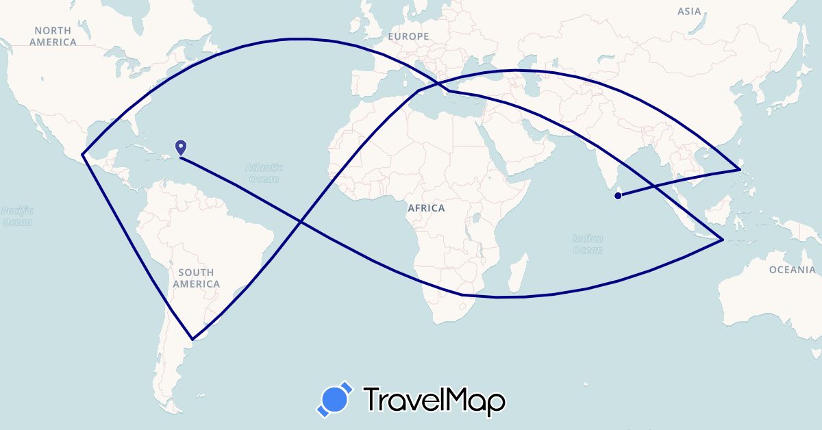TravelMap itinerary: driving in Argentina, Greece, Indonesia, Italy, Sri Lanka, Montserrat, Mexico, Philippines, United States, South Africa (Africa, Asia, Europe, North America, South America)